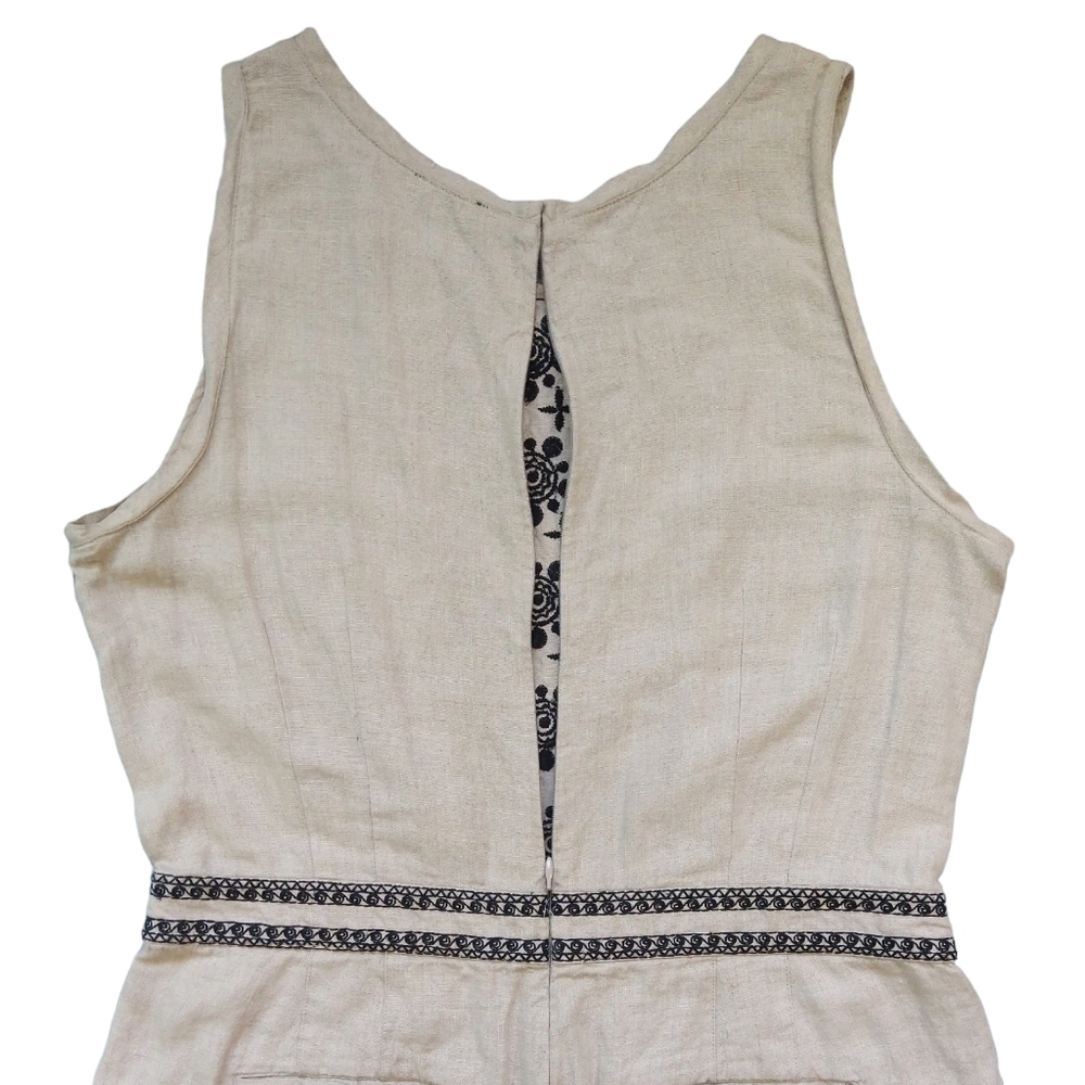 LOFT 100% Linen Khaki Tan Black Embroidered Sleeveless Romper Pockets Boho - Picture 6 of 13